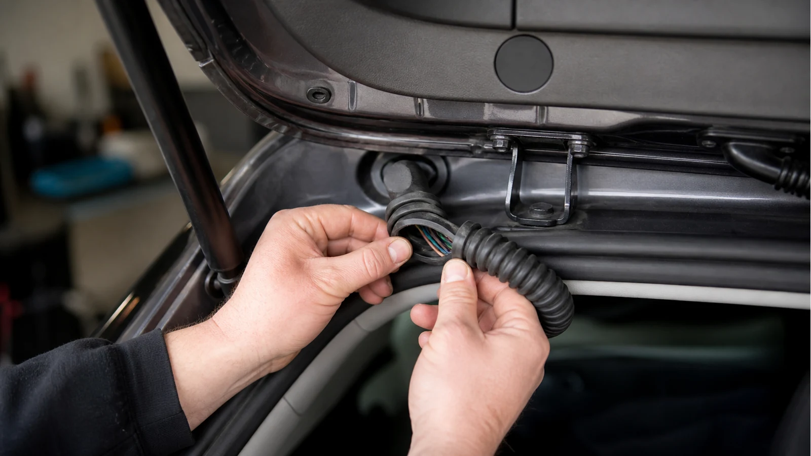 Rubber boot-lid wiring gaiter on a UK hatchback where flex breaks often hide