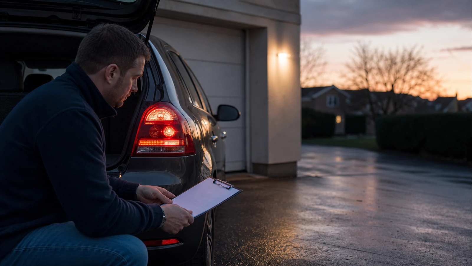 Driver checking rear brake and position lamps on a UK hatchback before an MOT