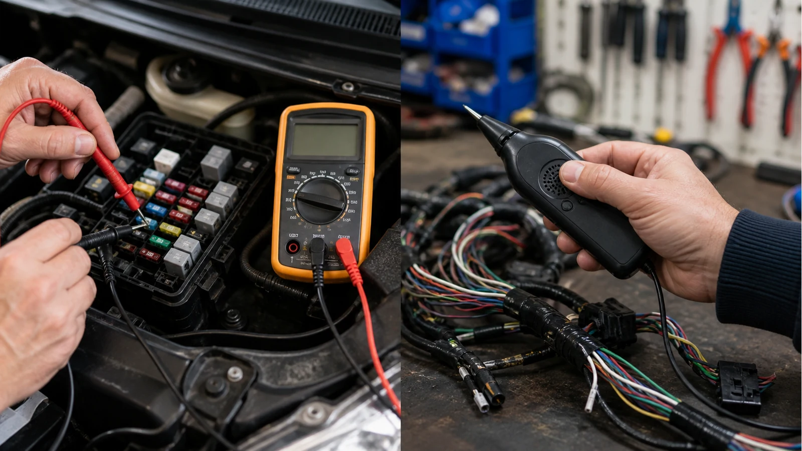 Side-by-side comparison of multimeter testing and loom tracing on a UK car electrics job