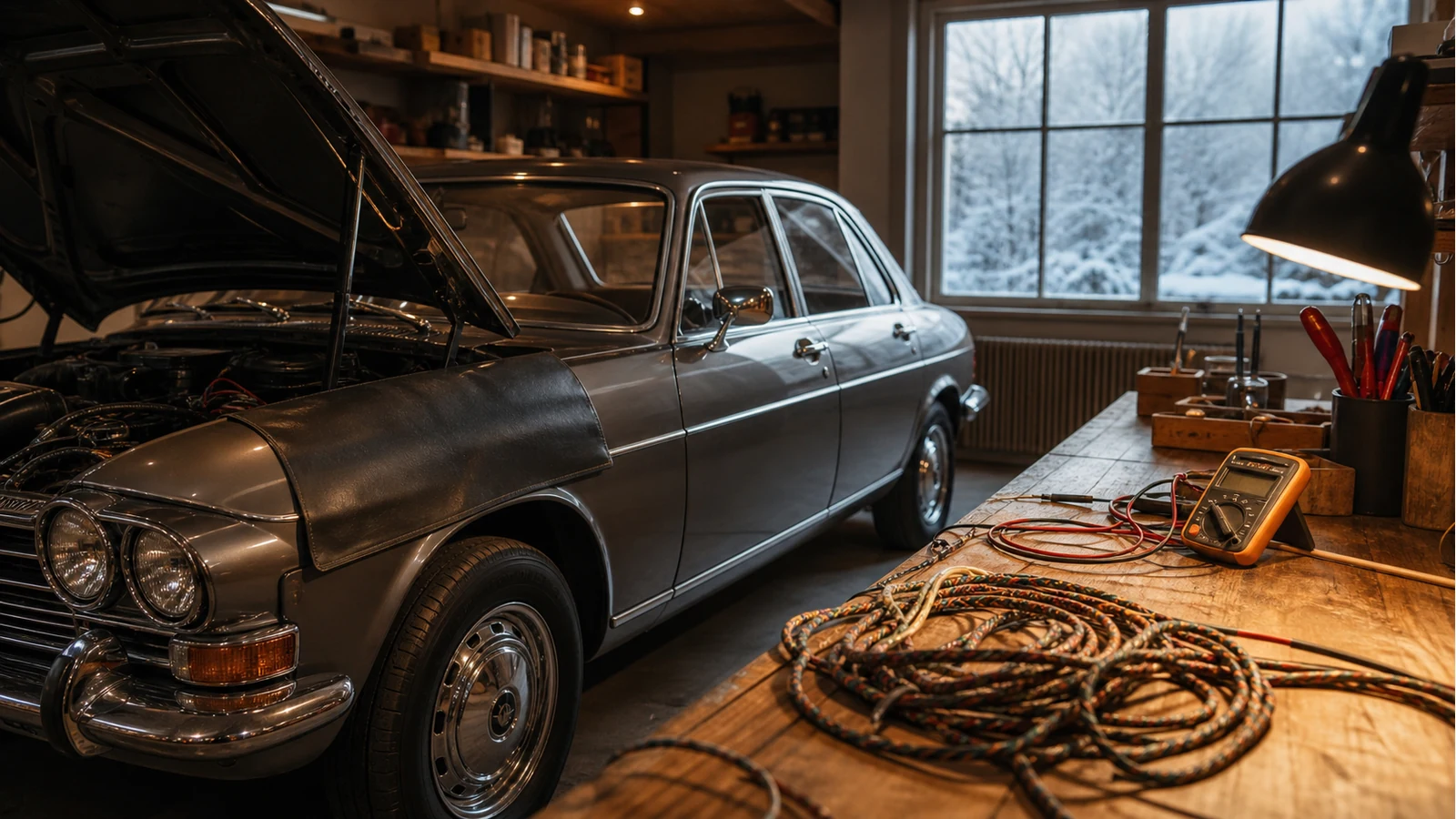 Classic car in a winter UK garage during an electrical health check